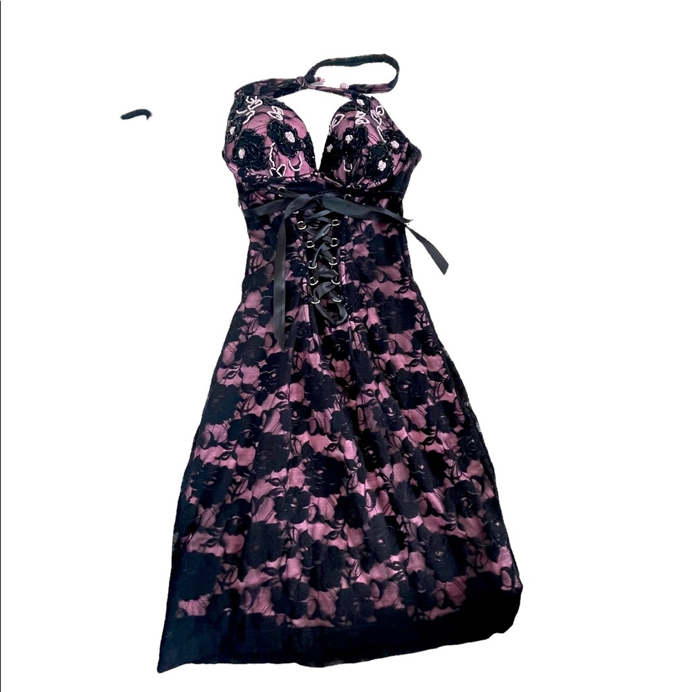 Black lace with pink underlay halter corset dress - size 36